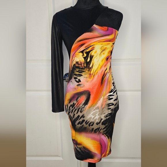 Faux Leather one Sleeve fitted dress - Picture 1 of 3